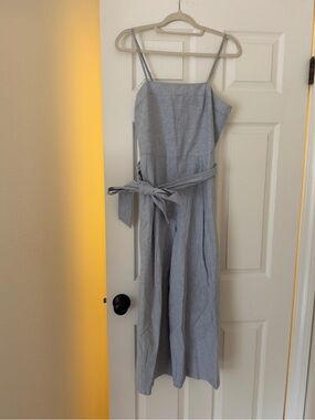 Light Blue Striped Spaghetti-Strap Summer Romper with Waist Tie